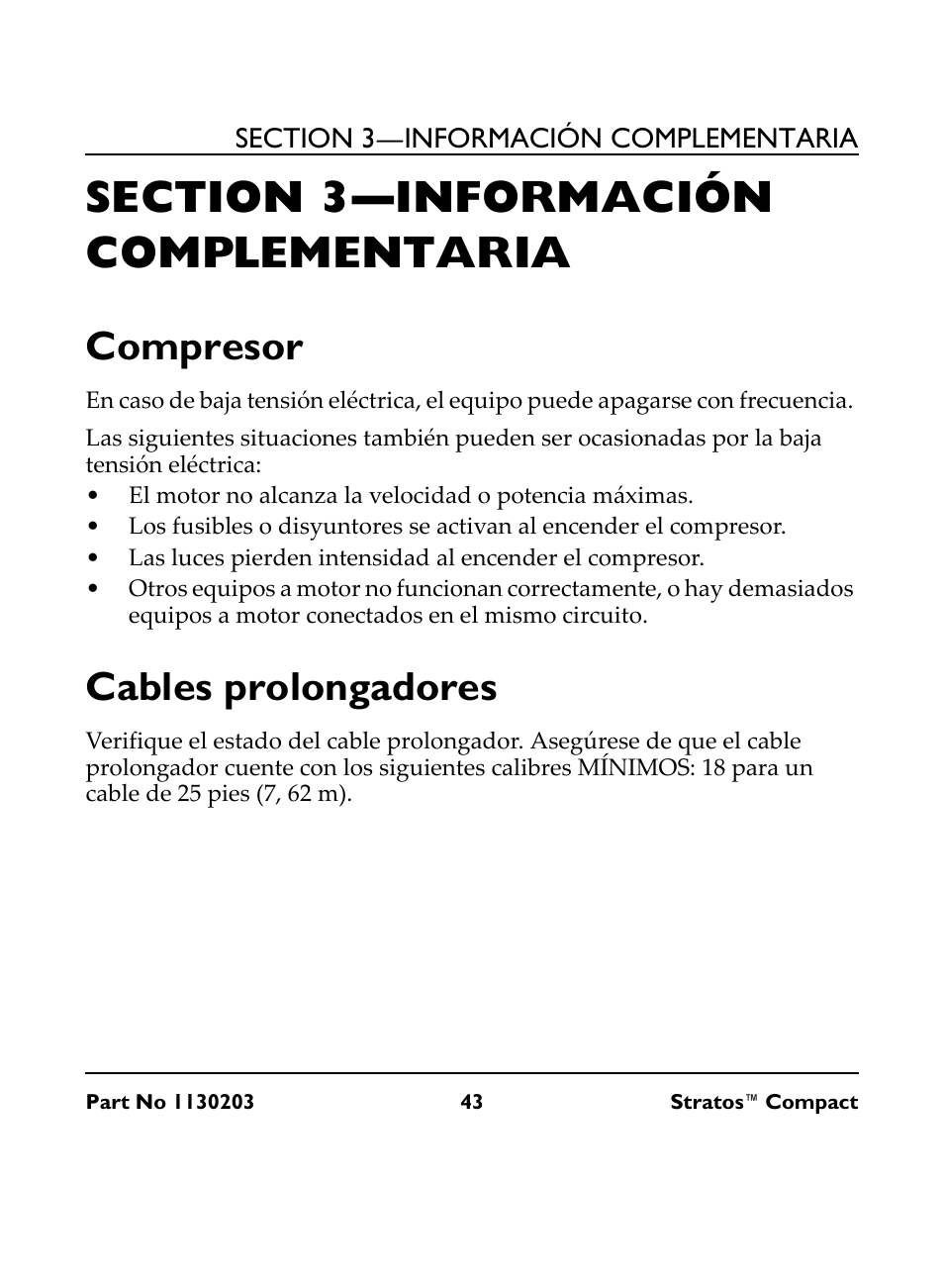 Section 3— información complementaria, Compresor, Cables prolongadores | Invacare Stratos Compact IRC 1710 User Manual | Page 43 / 92