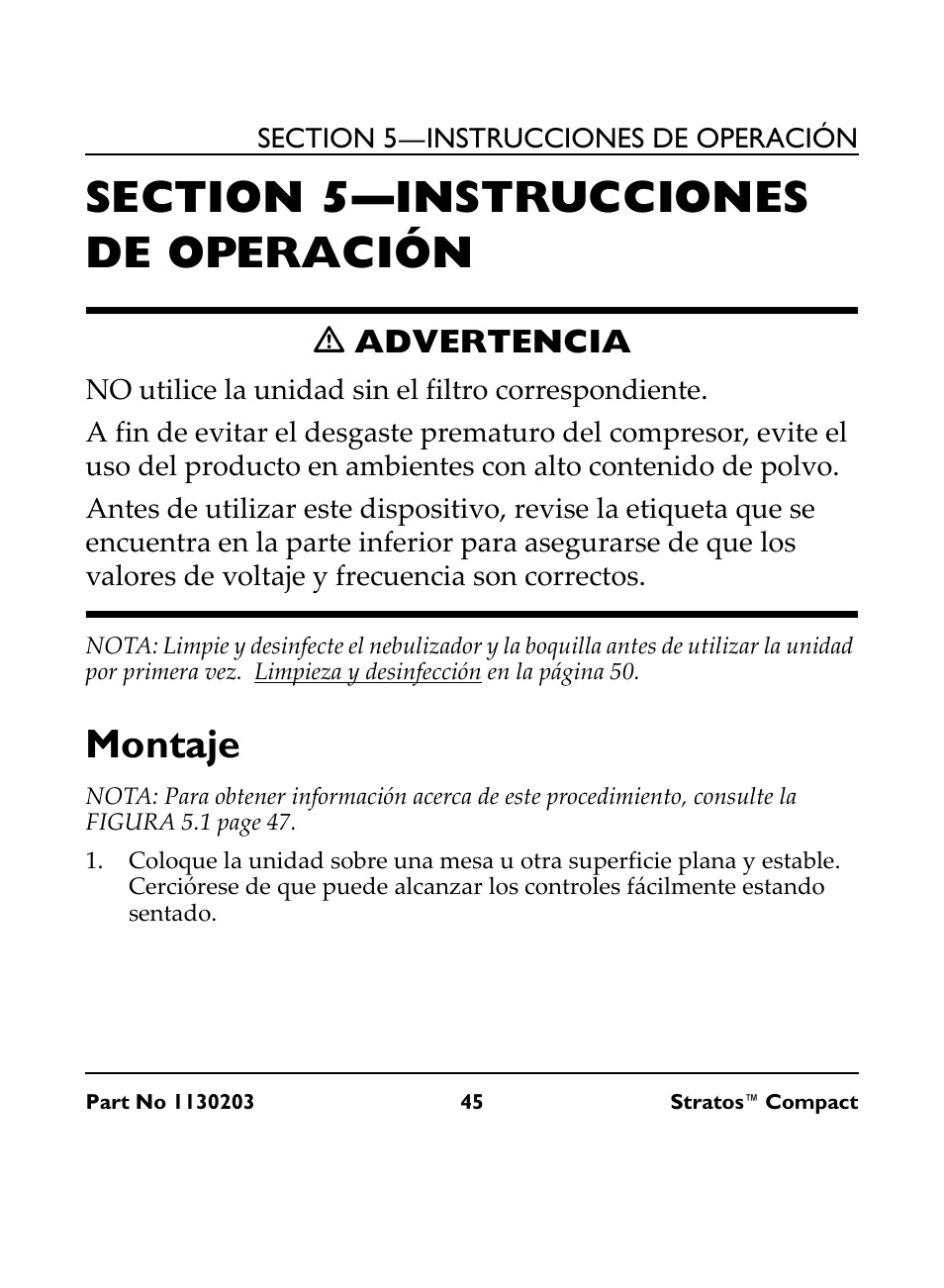 Section 5— instrucciones de operación, M advertencia, No utilice la unidad sin el filtro correspondiente | Montaje, Ƽ advertencia | Invacare Stratos Compact IRC 1710 User Manual | Page 45 / 92