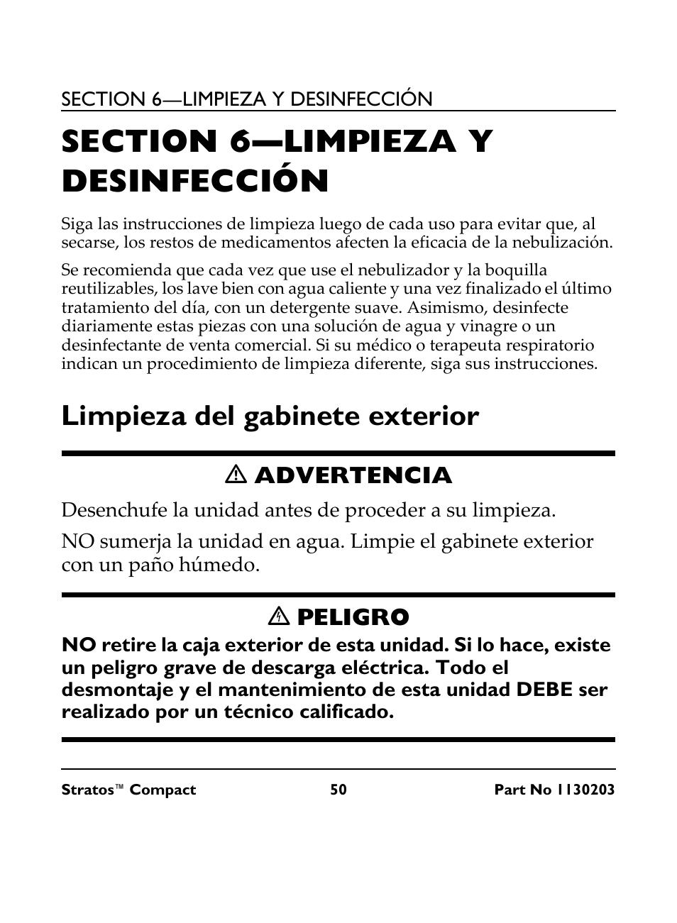 Section 6— limpieza y desinfección, Limpieza del gabinete exterior, M advertencia | C peligro, Ƽ advertencia, Ꮨ peligro | Invacare Stratos Compact IRC 1710 User Manual | Page 50 / 92