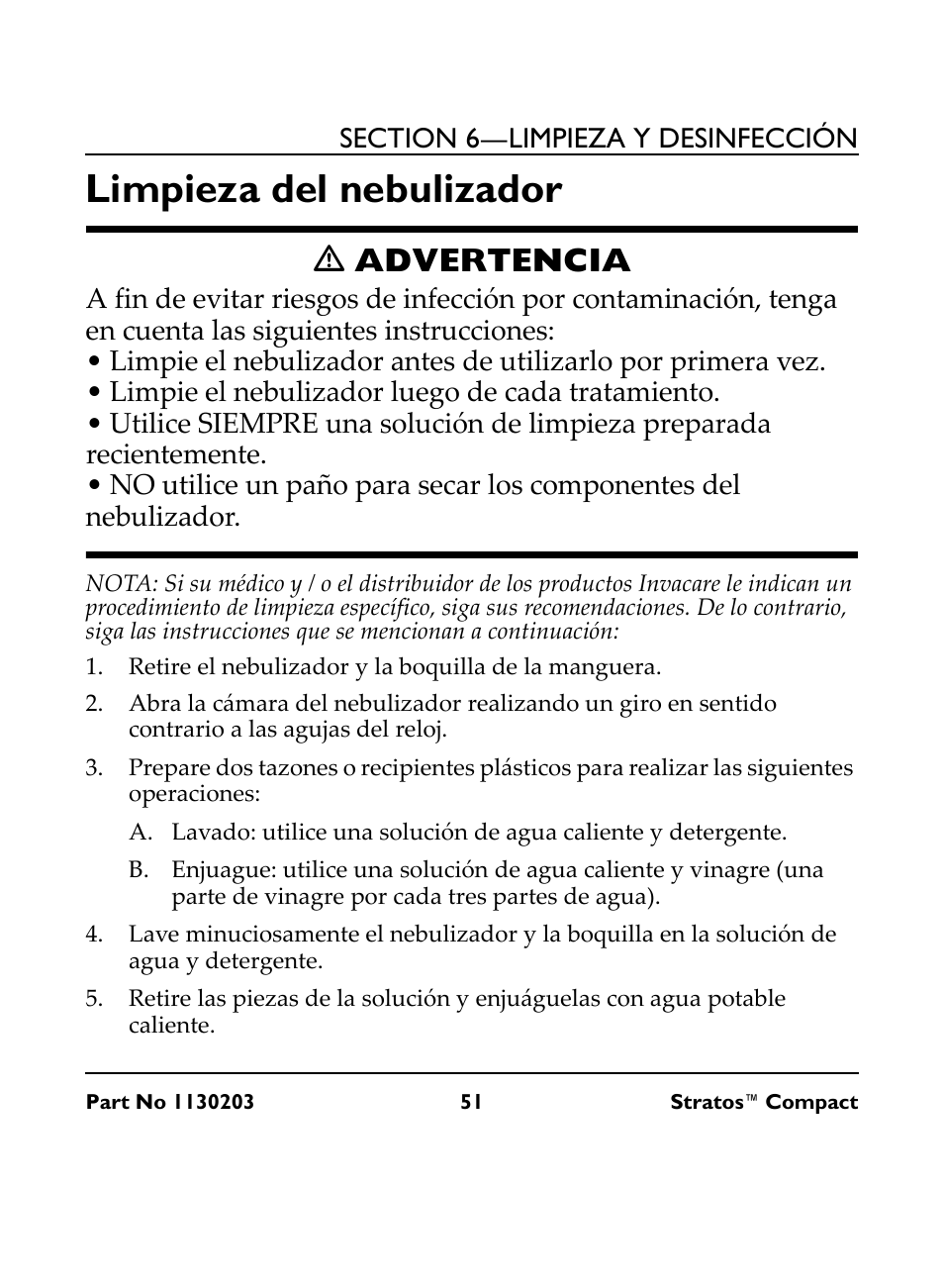 Limpieza del nebulizador, M advertencia, Retire el nebulizador y la boquilla de la manguera | Ƽ advertencia | Invacare Stratos Compact IRC 1710 User Manual | Page 51 / 92