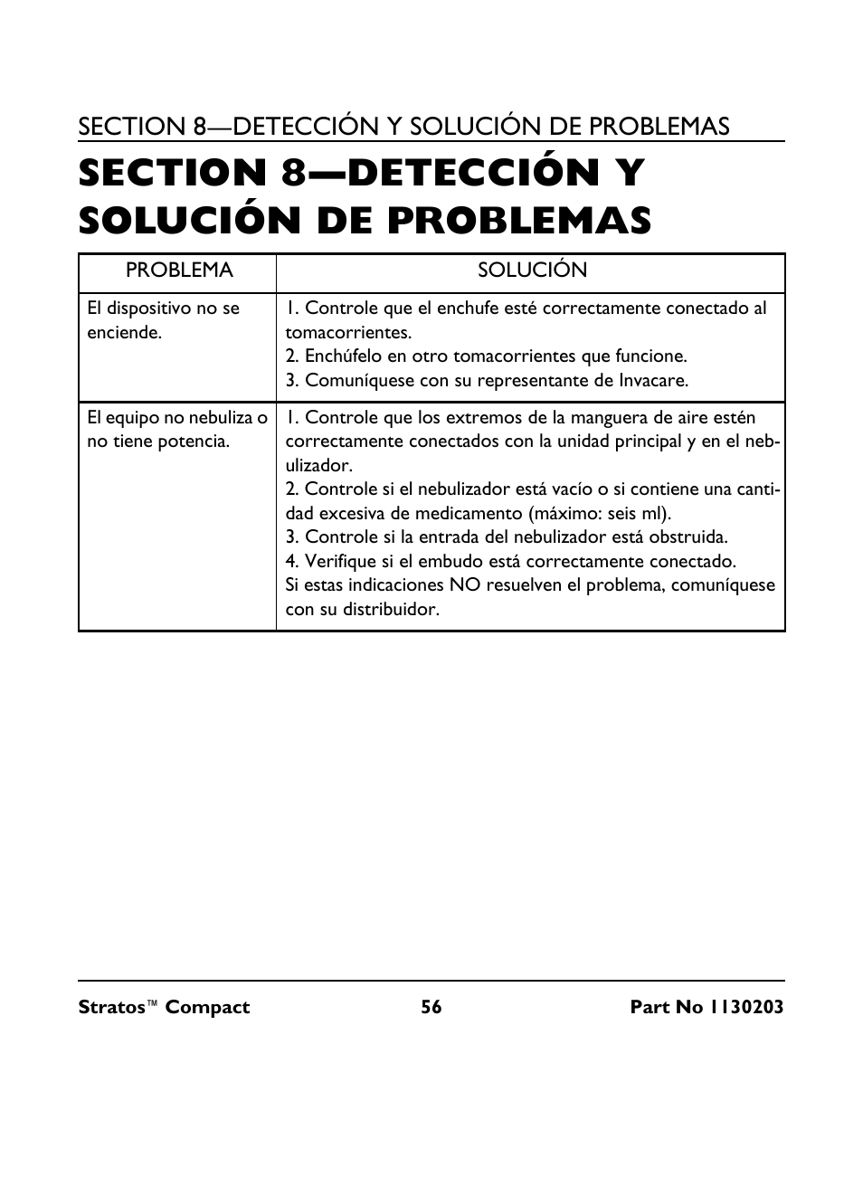 Section 8— detección y solución de problemas, Problema, Solución | El dispositivo no se enciende, Enchúfelo en otro tomacorrientes que funcione, Comuníquese con su representante de invacare, El equipo no nebuliza o no tiene potencia | Invacare Stratos Compact IRC 1710 User Manual | Page 56 / 92