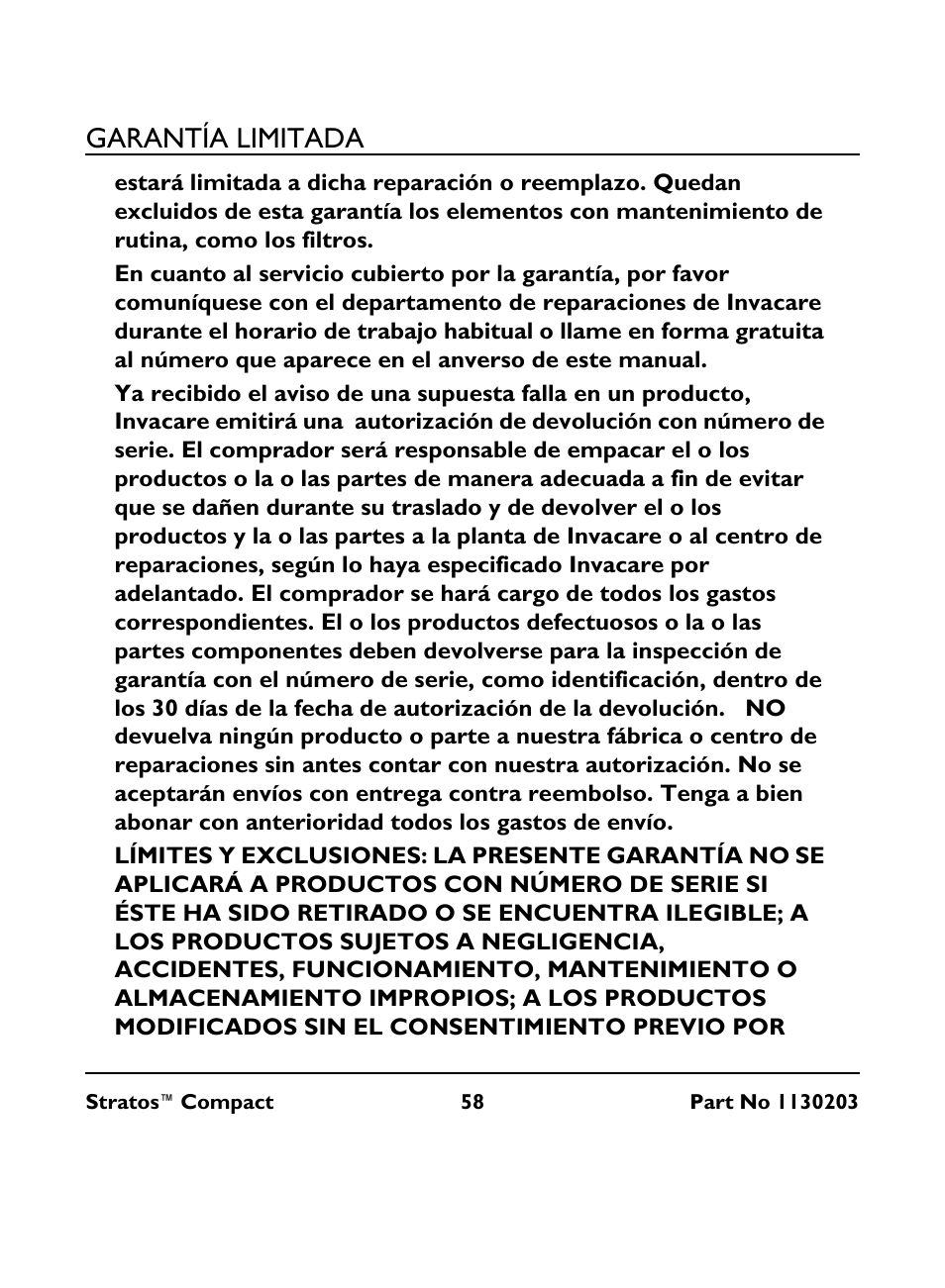 Garantía limitada | Invacare Stratos Compact IRC 1710 User Manual | Page 58 / 92