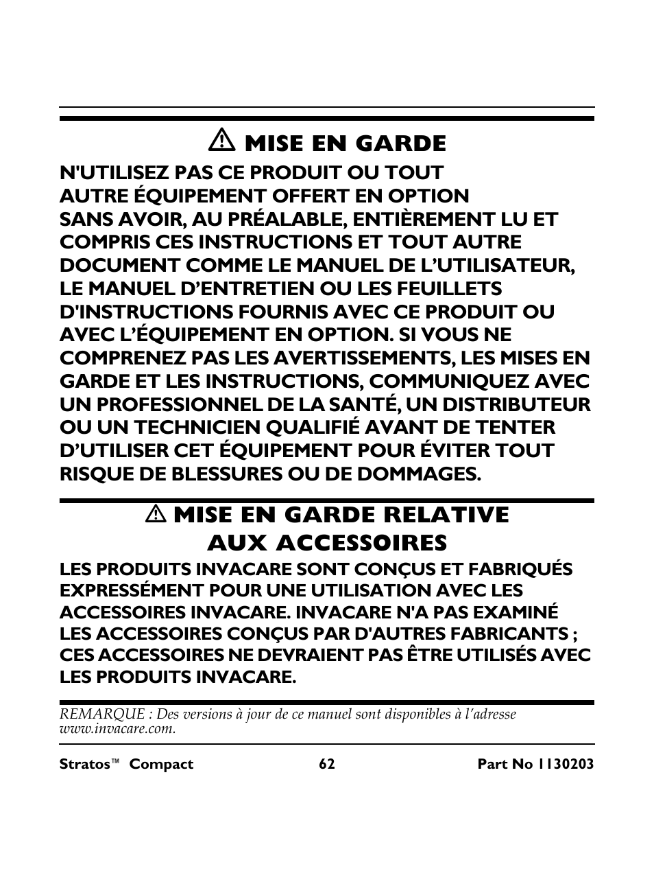 M mise en garde, M mise en garde relative aux accessoires, Mise en garde | Ƽ mise en garde relative aux accessoires | Invacare Stratos Compact IRC 1710 User Manual | Page 62 / 92