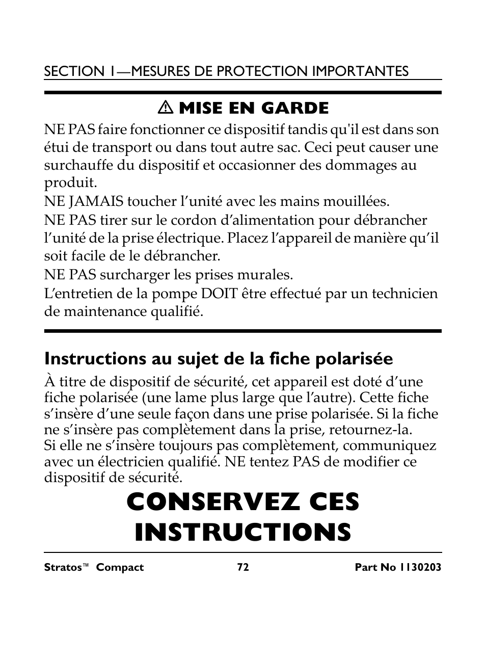 M mise en garde, Ne jamais toucher l’unité avec les mains mouillées, Ne pas surcharger les prises murales | Instructions au sujet de la fiche polarisée, Conservez ces instructions | Invacare Stratos Compact IRC 1710 User Manual | Page 72 / 92