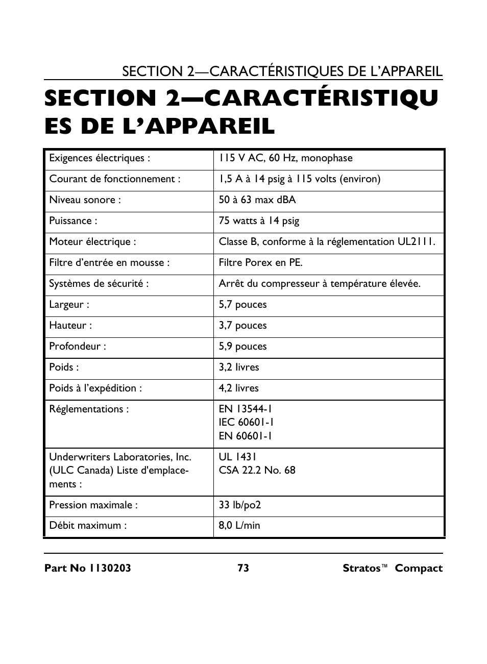 Section 2— caractéristiqu es de l’appareil | Invacare Stratos Compact IRC 1710 User Manual | Page 73 / 92