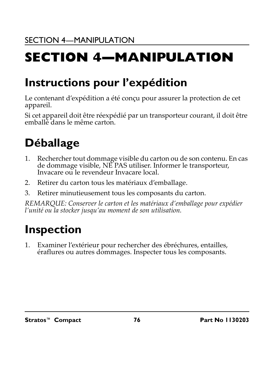 Section 4— manipulation, Instructions pour l’expédition, Déballage | Retirer du carton tous les matériaux d’emballage, Inspection | Invacare Stratos Compact IRC 1710 User Manual | Page 76 / 92