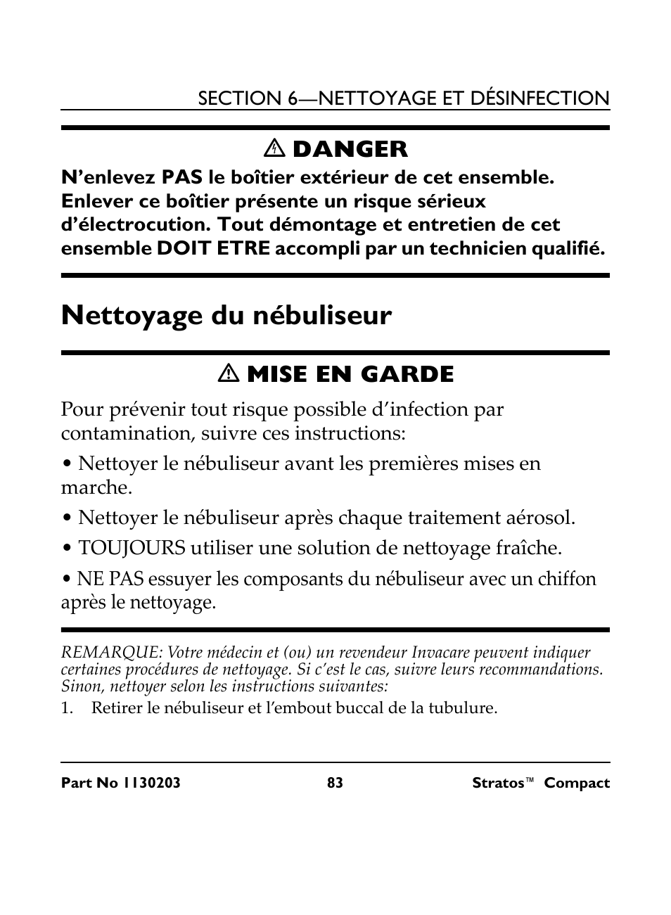 C danger, Nettoyage du nébuliseur, M mise en garde | Ꮨ danger, Ƽ mise en garde | Invacare Stratos Compact IRC 1710 User Manual | Page 83 / 92