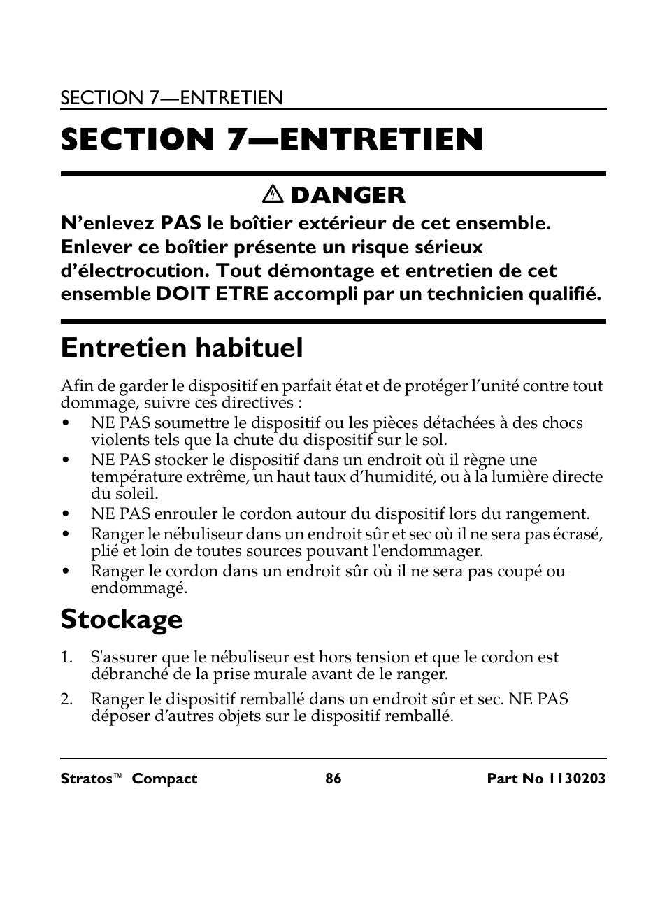 Section 7— entretien, C danger, Entretien habituel | Stockage, Section 7—entretien, Entretien habituel stockage, Ꮨ danger | Invacare Stratos Compact IRC 1710 User Manual | Page 86 / 92