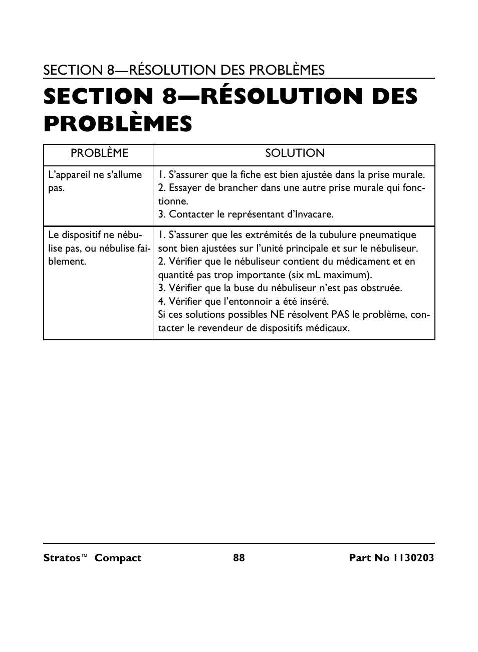 Section 8— résolution des problèmes, Problème, Solution | Section 8—résolution des problèmes | Invacare Stratos Compact IRC 1710 User Manual | Page 88 / 92