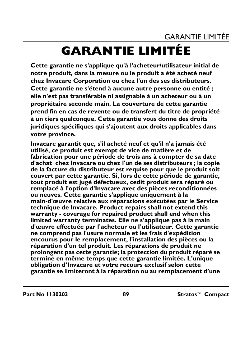 Garantie limitée | Invacare Stratos Compact IRC 1710 User Manual | Page 89 / 92