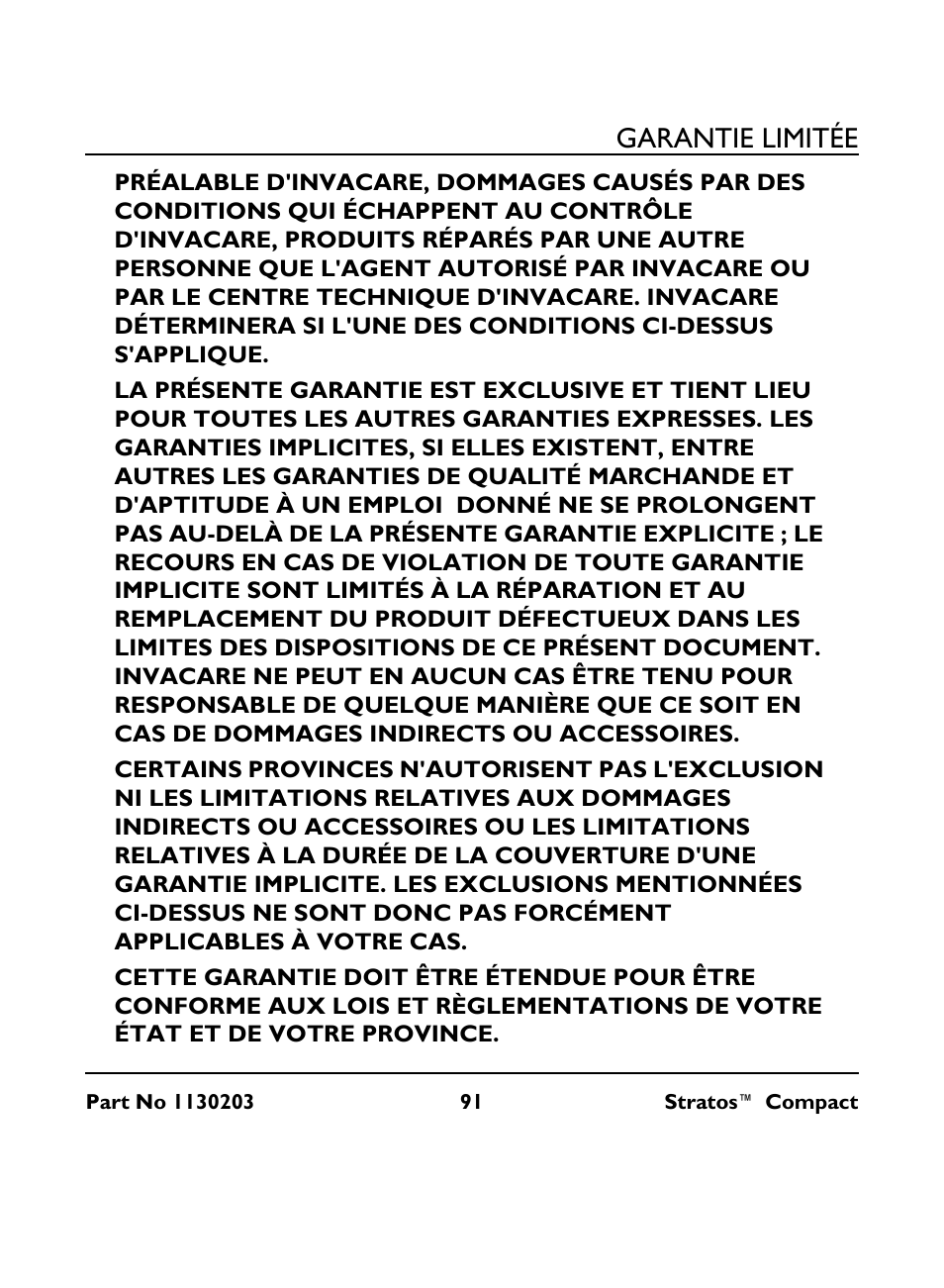 Garantie limitée | Invacare Stratos Compact IRC 1710 User Manual | Page 91 / 92