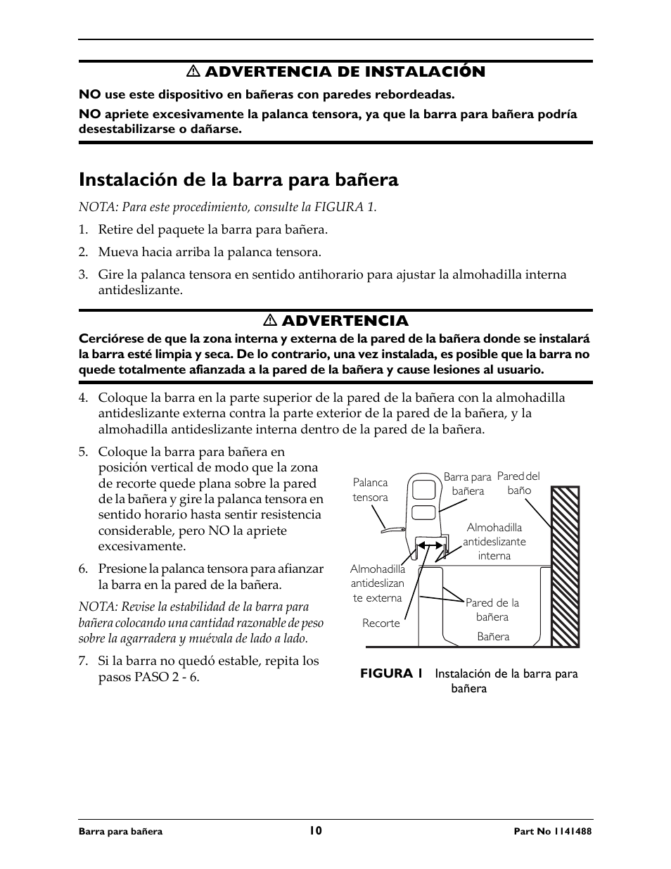 Instalación de la barra para bañera | Invacare 710 User Manual | Page 10 / 12
