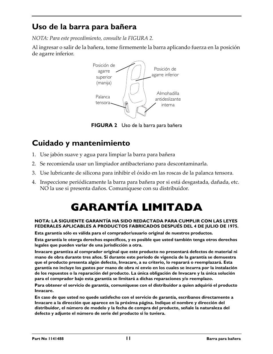 Garantía limitada, Uso de la barra para bañera, Cuidado y mantenimiento | Invacare 710 User Manual | Page 11 / 12