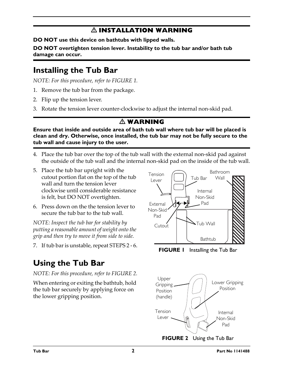 Installing the tub bar, Using the tub bar | Invacare 710 User Manual | Page 2 / 12