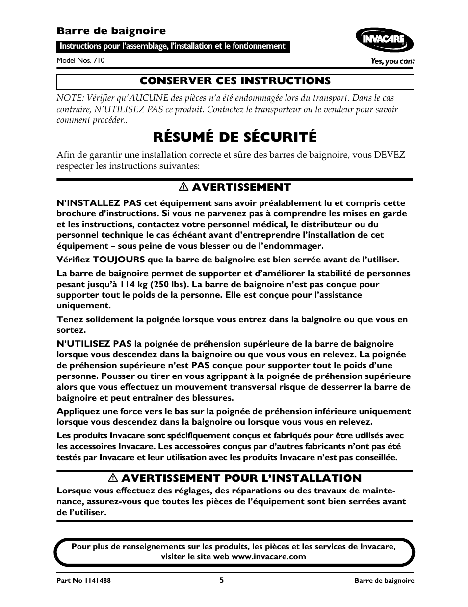 Résumé de sécurité | Invacare 710 User Manual | Page 5 / 12