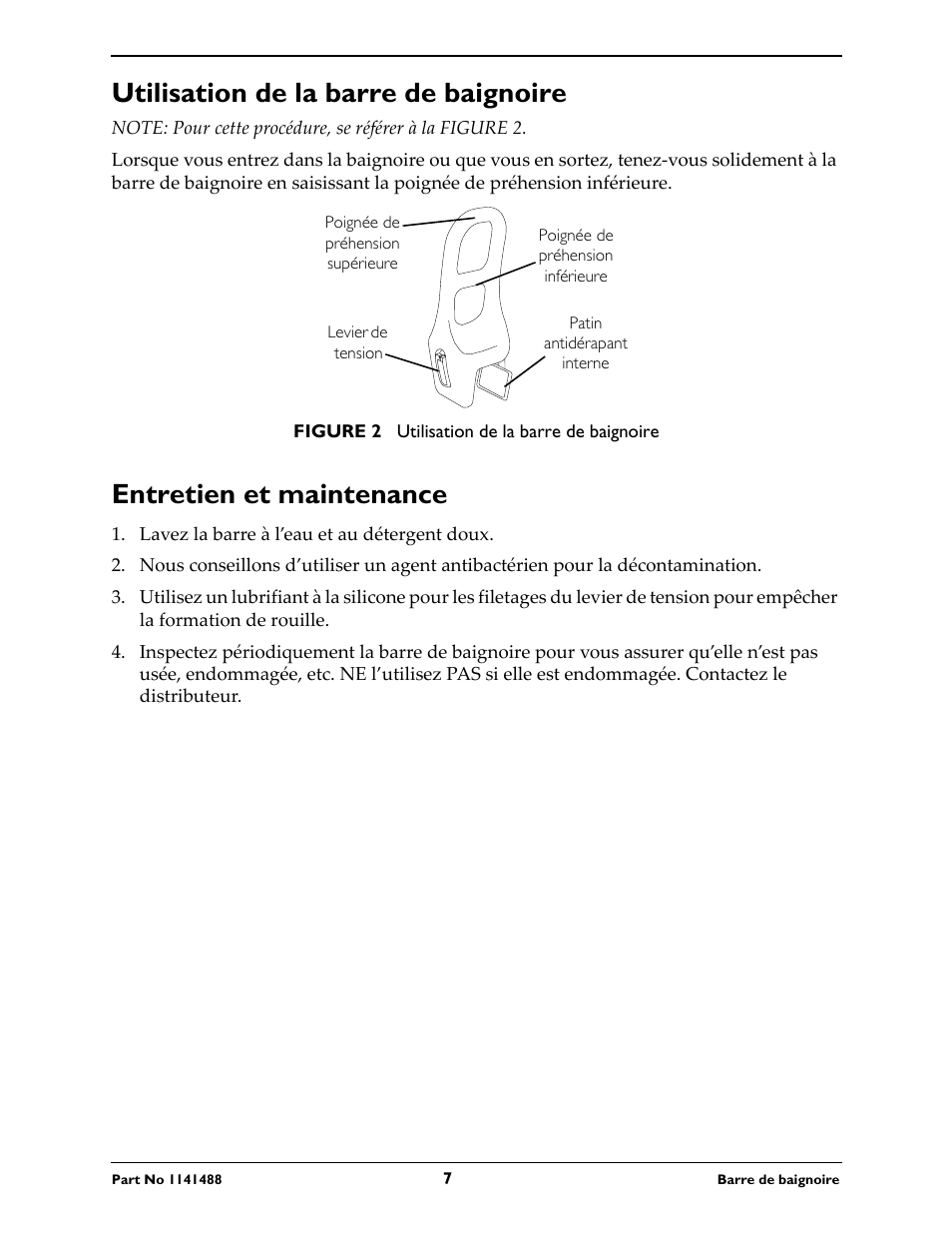 Utilisation de la barre de baignoire, Entretien et maintenance | Invacare 710 User Manual | Page 7 / 12