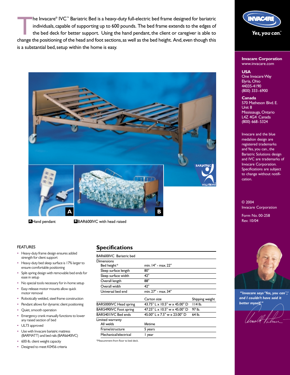 Specifications, He invacare | Invacare BariatricBed User Manual | Page 2 / 2