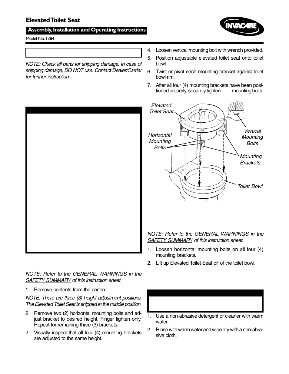 Invacare 1384 User Manual | 2 pages