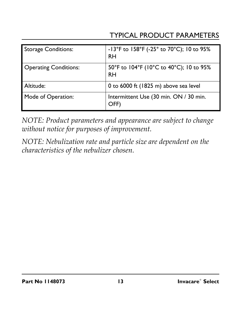 Typical product parameters | Invacare IRC 1705 User Manual | Page 13 / 32