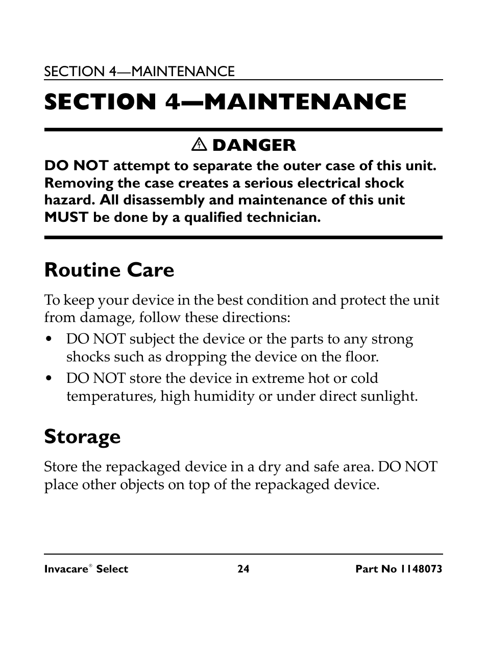 Section 4— maintenance, C danger, Routine care | Storage, Ꮨ danger | Invacare IRC 1705 User Manual | Page 24 / 32