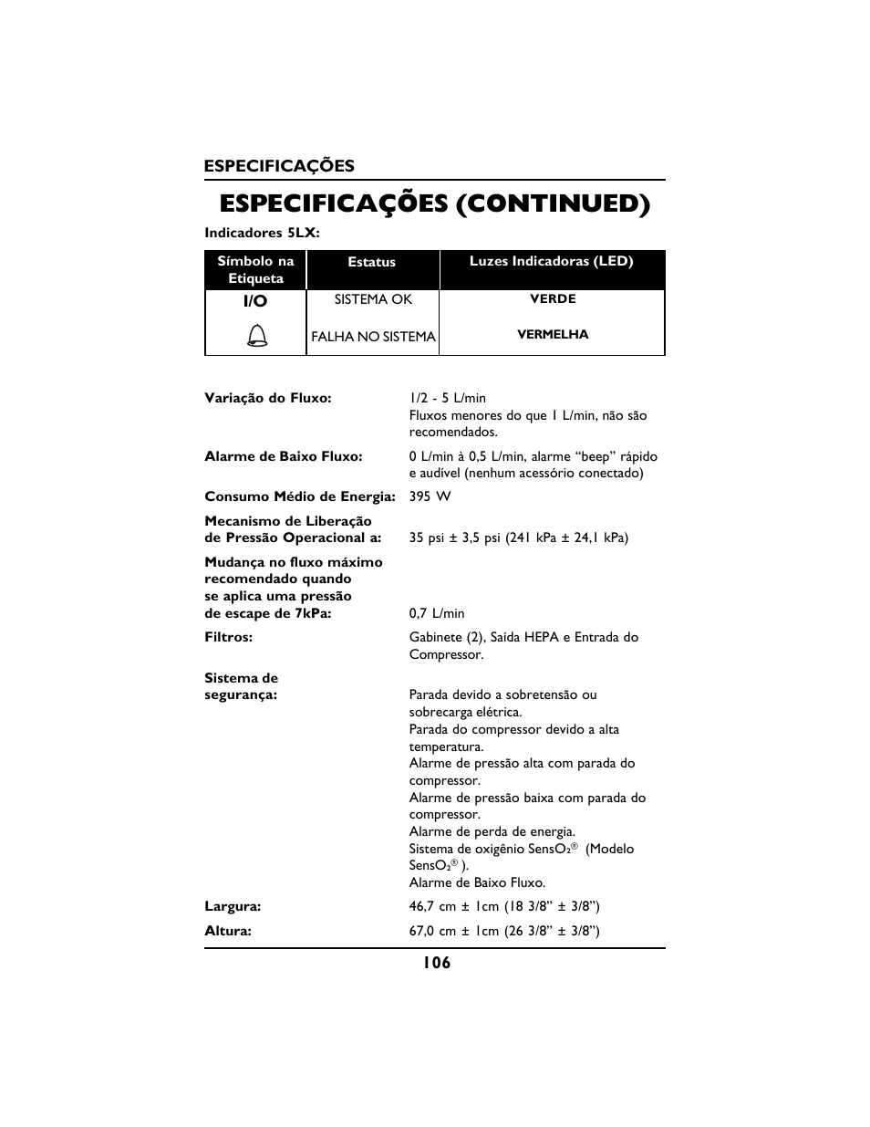 Especificações (continued) | Invacare PLATINUM 5 User Manual | Page 106 / 148