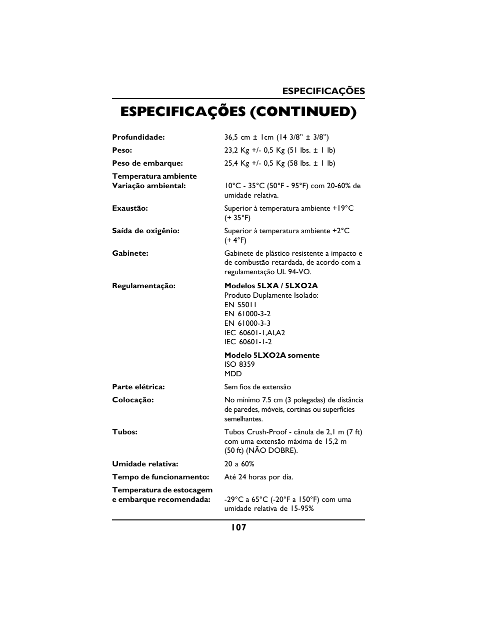 Especificações (continued) | Invacare PLATINUM 5 User Manual | Page 107 / 148