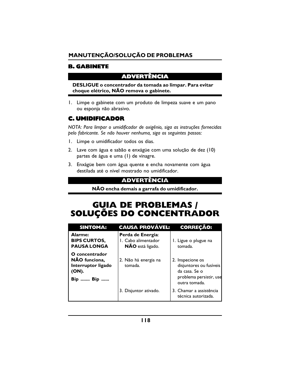 Guia de problemas / soluções do concentrador | Invacare PLATINUM 5 User Manual | Page 118 / 148