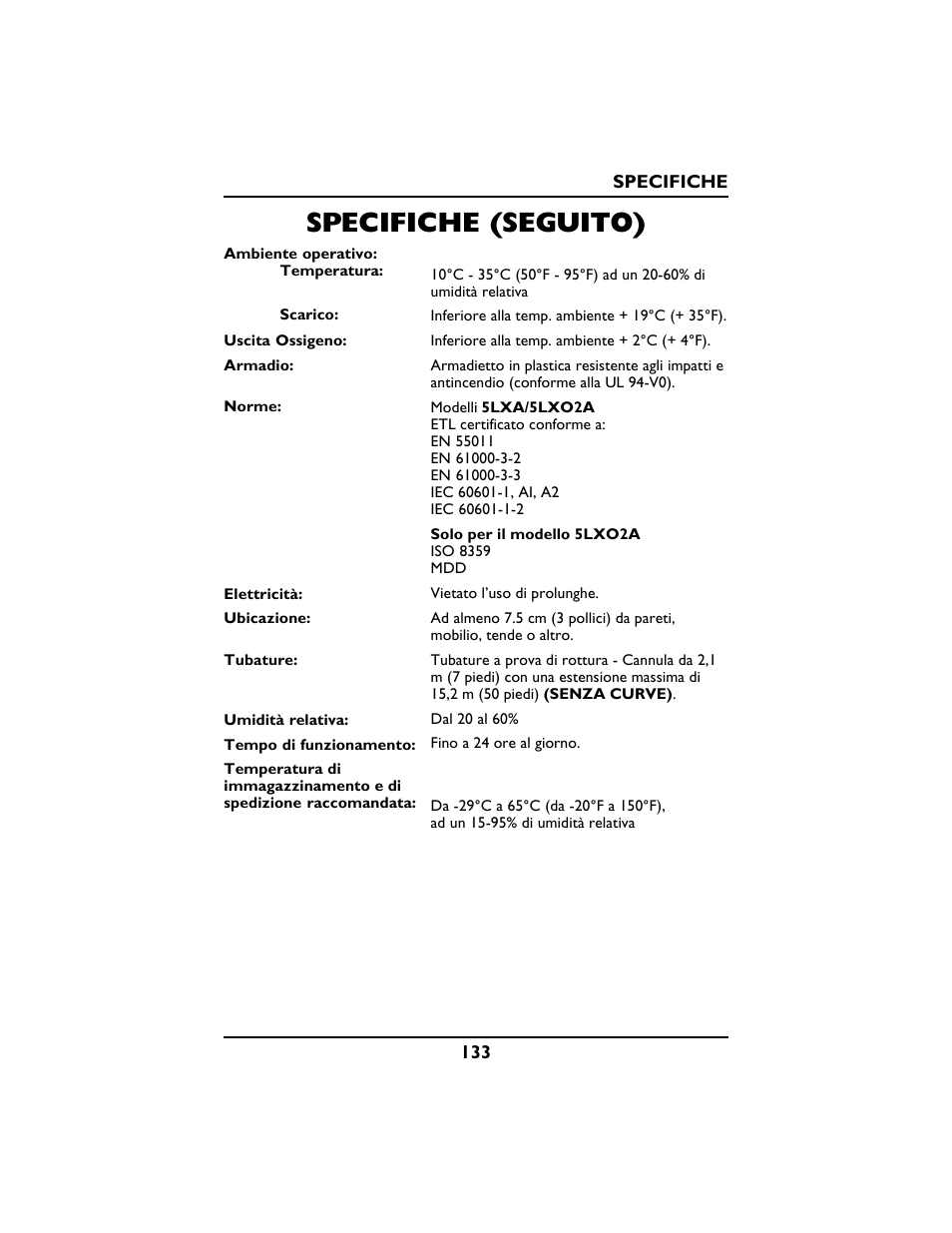 Specifiche (seguito) | Invacare PLATINUM 5 User Manual | Page 133 / 148
