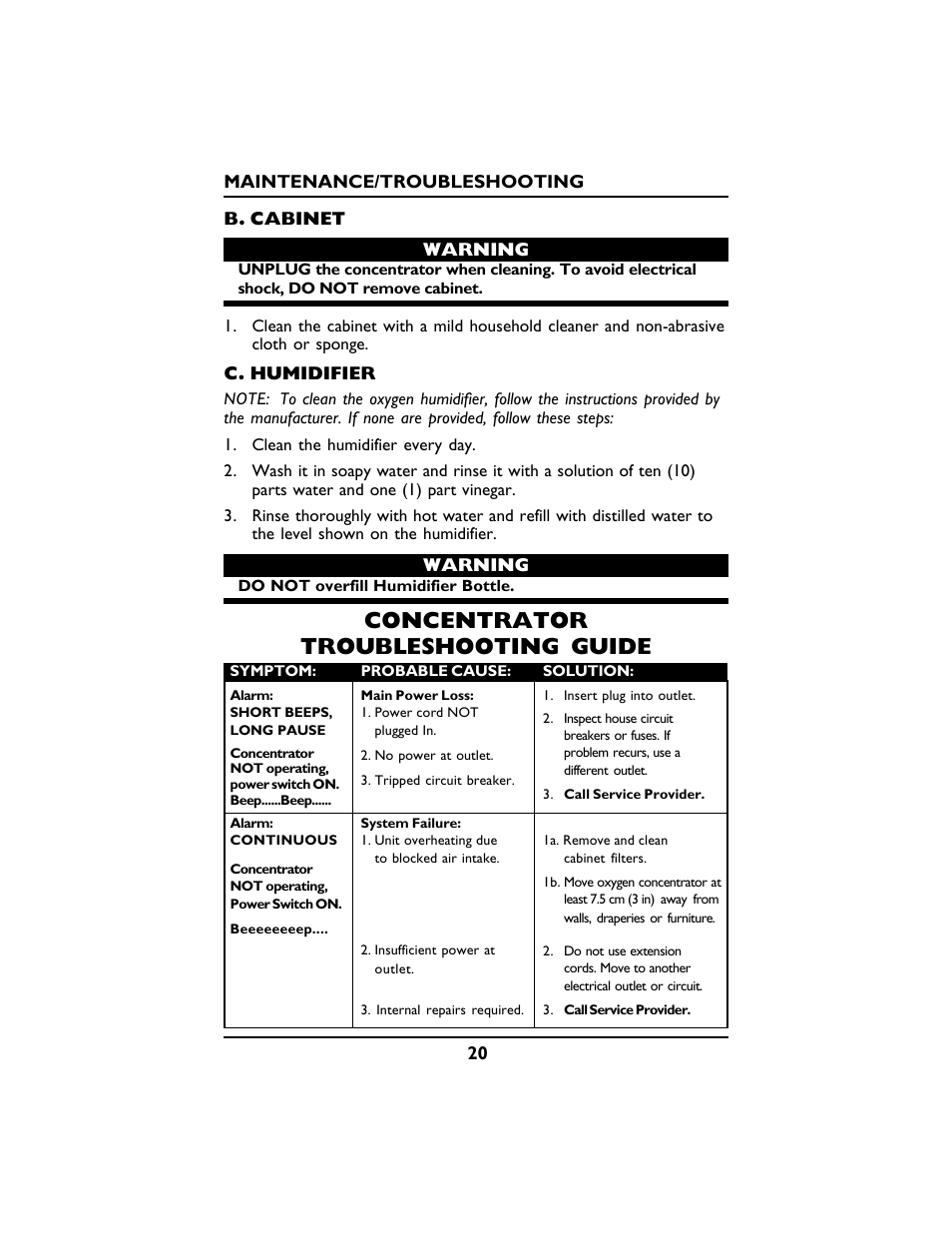 Concentrator troubleshooting guide | Invacare PLATINUM 5 User Manual | Page 20 / 148