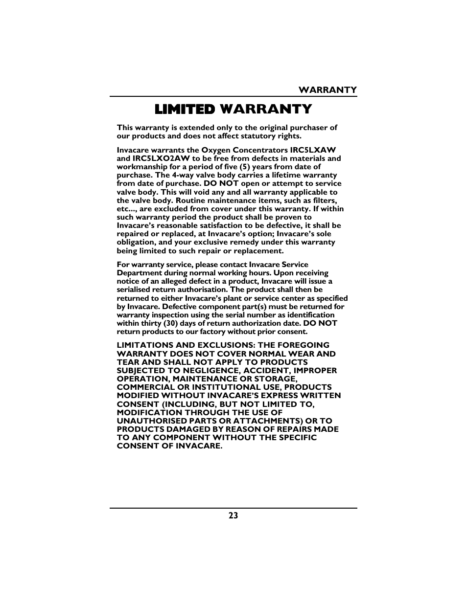 Limited, Limited limited warranty | Invacare PLATINUM 5 User Manual | Page 23 / 148