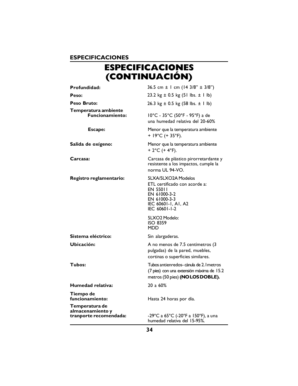 Especificaciones (continuación) | Invacare PLATINUM 5 User Manual | Page 34 / 148