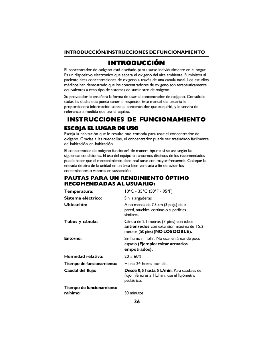 Introducción, Instrucciones de funcionamiento | Invacare PLATINUM 5 User Manual | Page 36 / 148