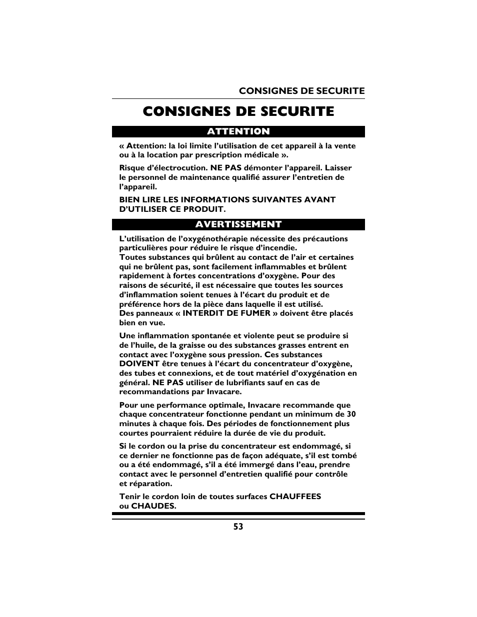Consignes de securite | Invacare PLATINUM 5 User Manual | Page 53 / 148