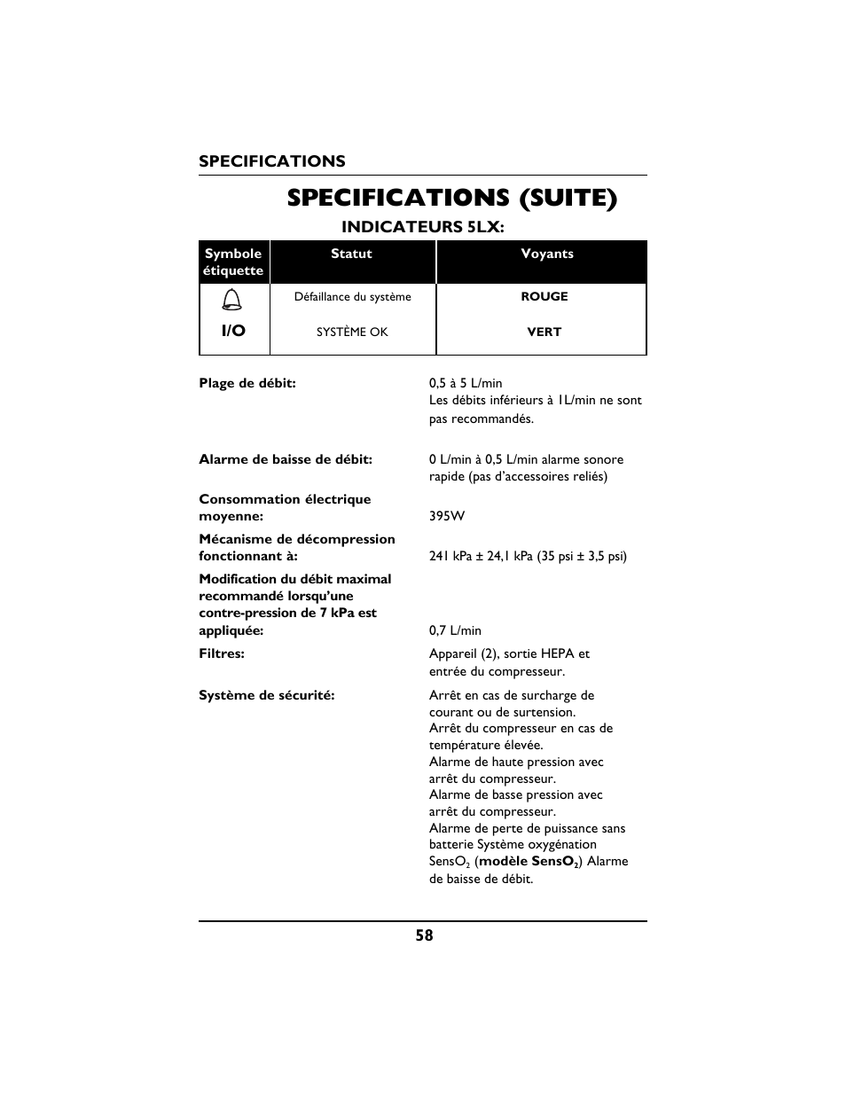 Specifications (suite) | Invacare PLATINUM 5 User Manual | Page 58 / 148