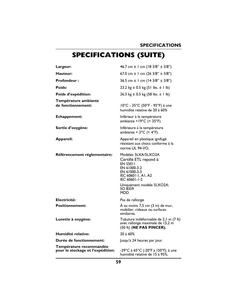 Specifications (suite) | Invacare PLATINUM 5 User Manual | Page 59 / 148