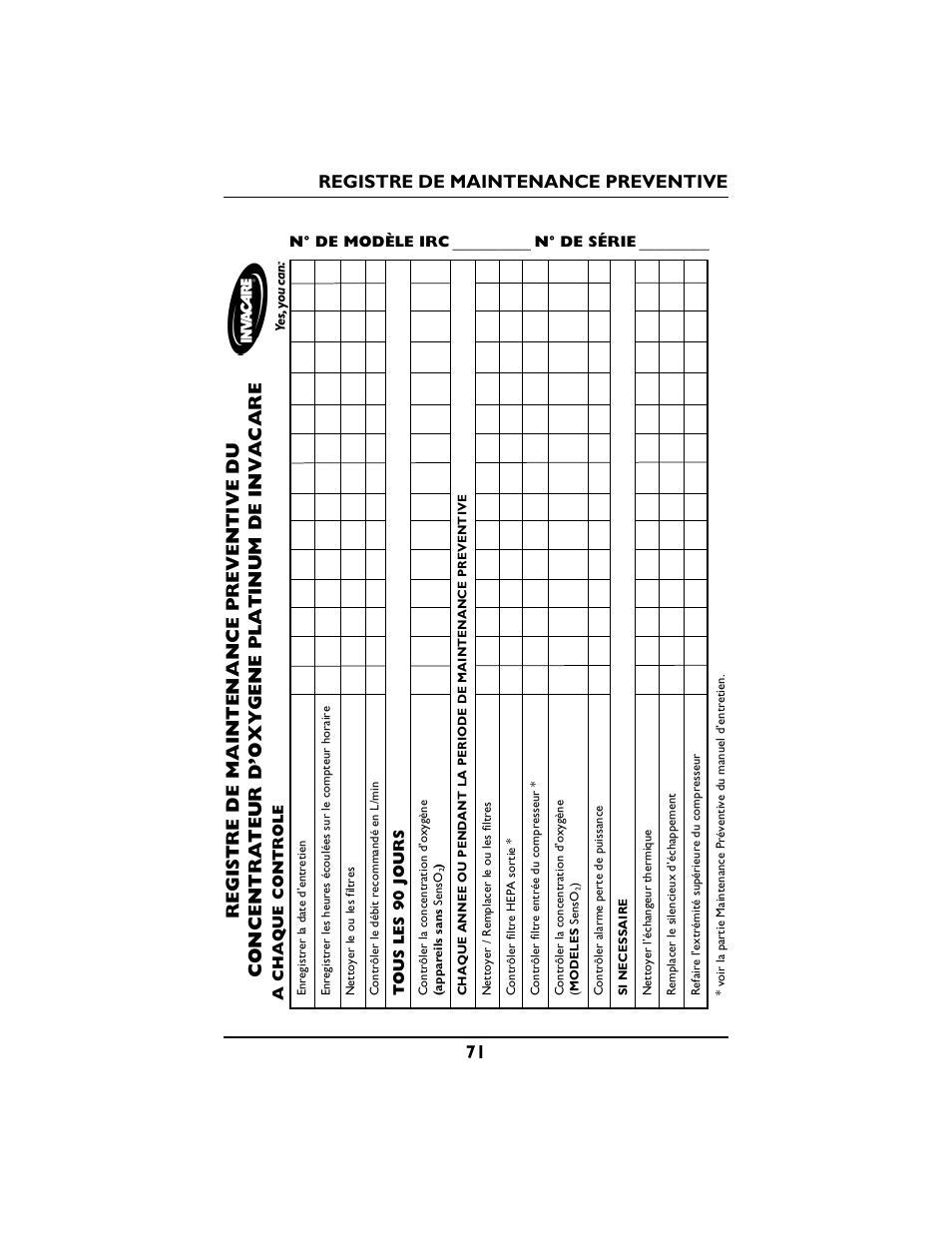 71 registre de maintenance preventive | Invacare PLATINUM 5 User Manual | Page 71 / 148