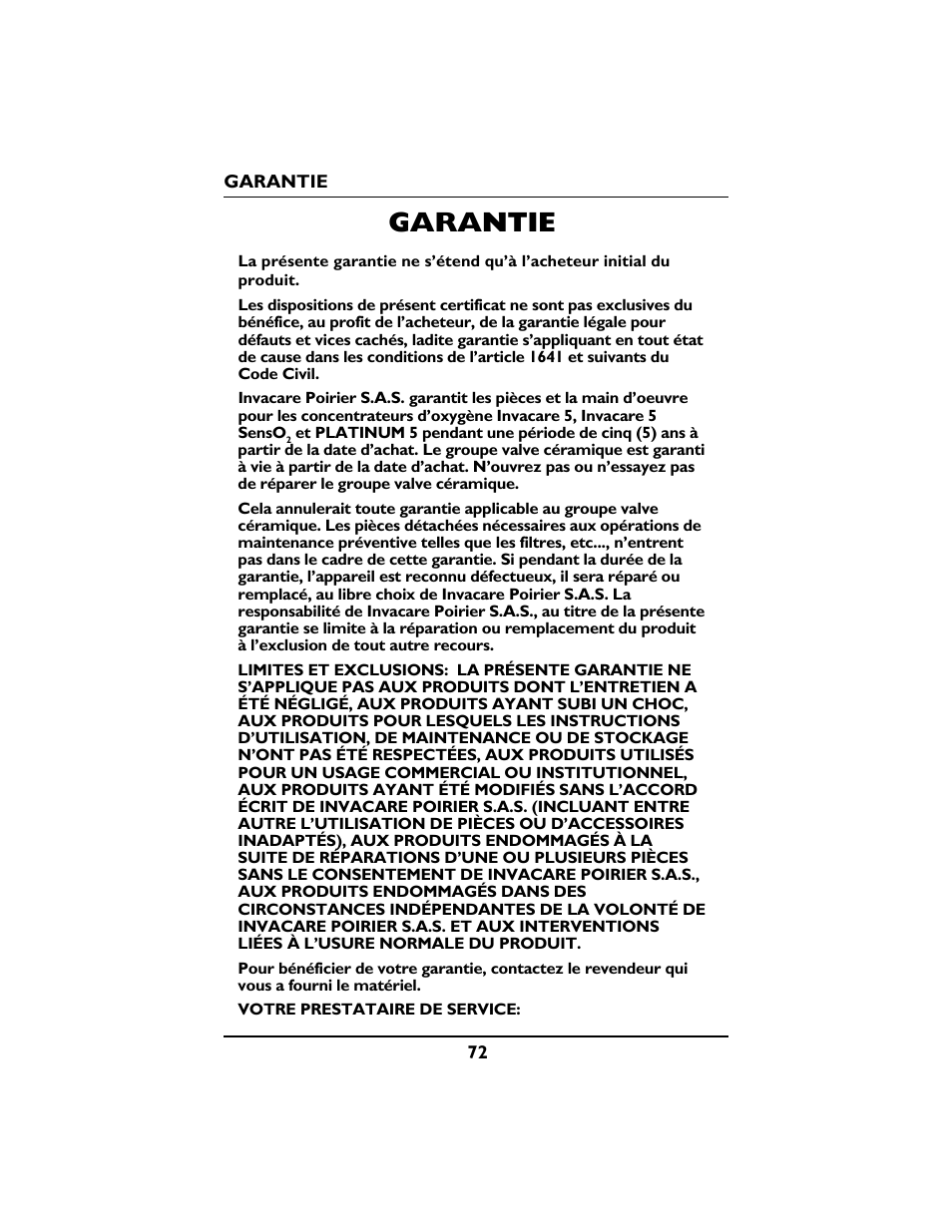 Garantie | Invacare PLATINUM 5 User Manual | Page 72 / 148
