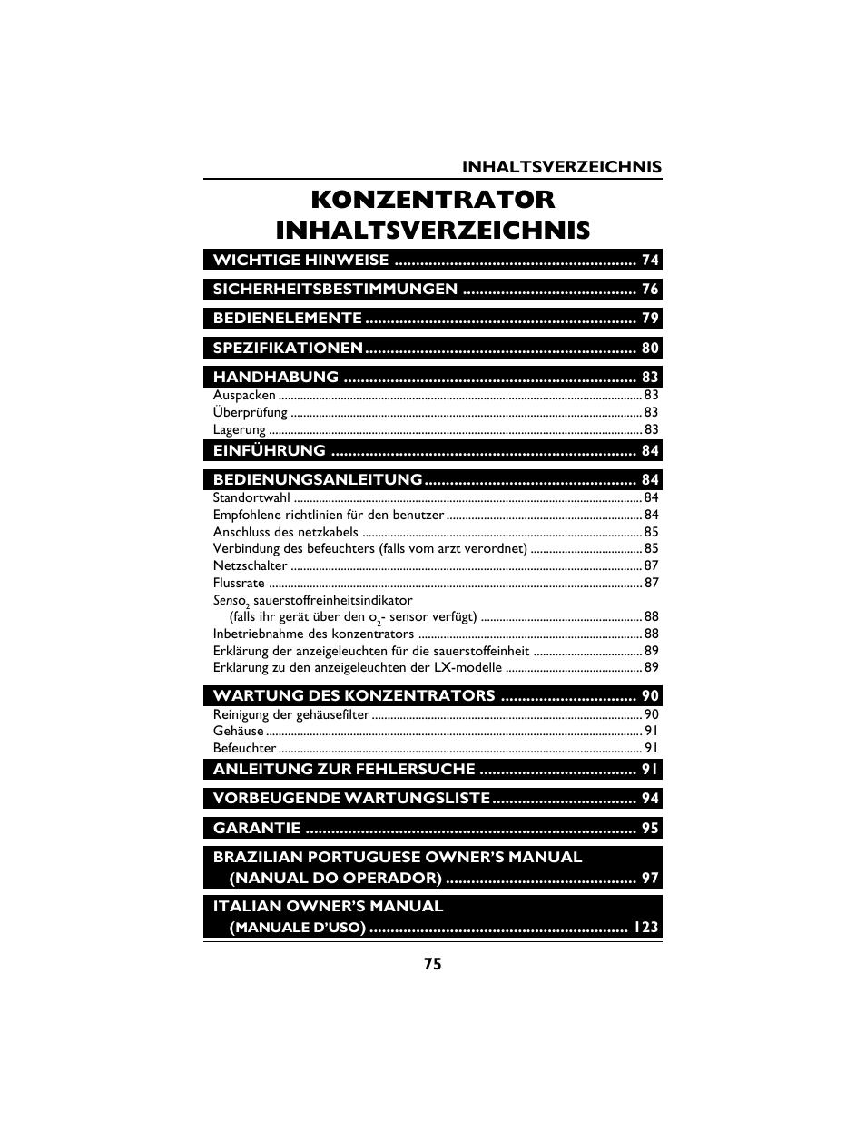 Konzentrator inhaltsverzeichnis | Invacare PLATINUM 5 User Manual | Page 75 / 148