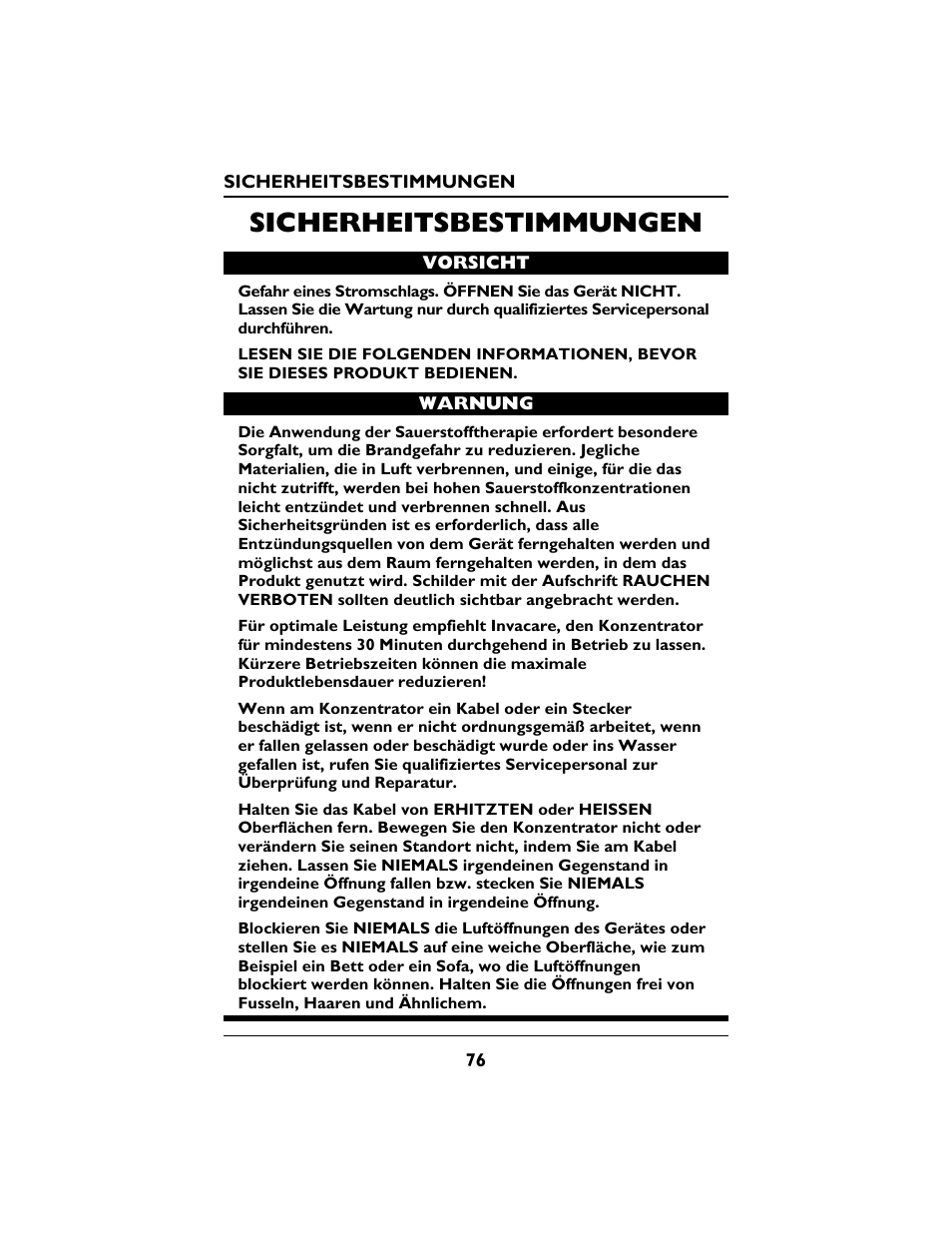 Sicherheitsbestimmungen | Invacare PLATINUM 5 User Manual | Page 76 / 148