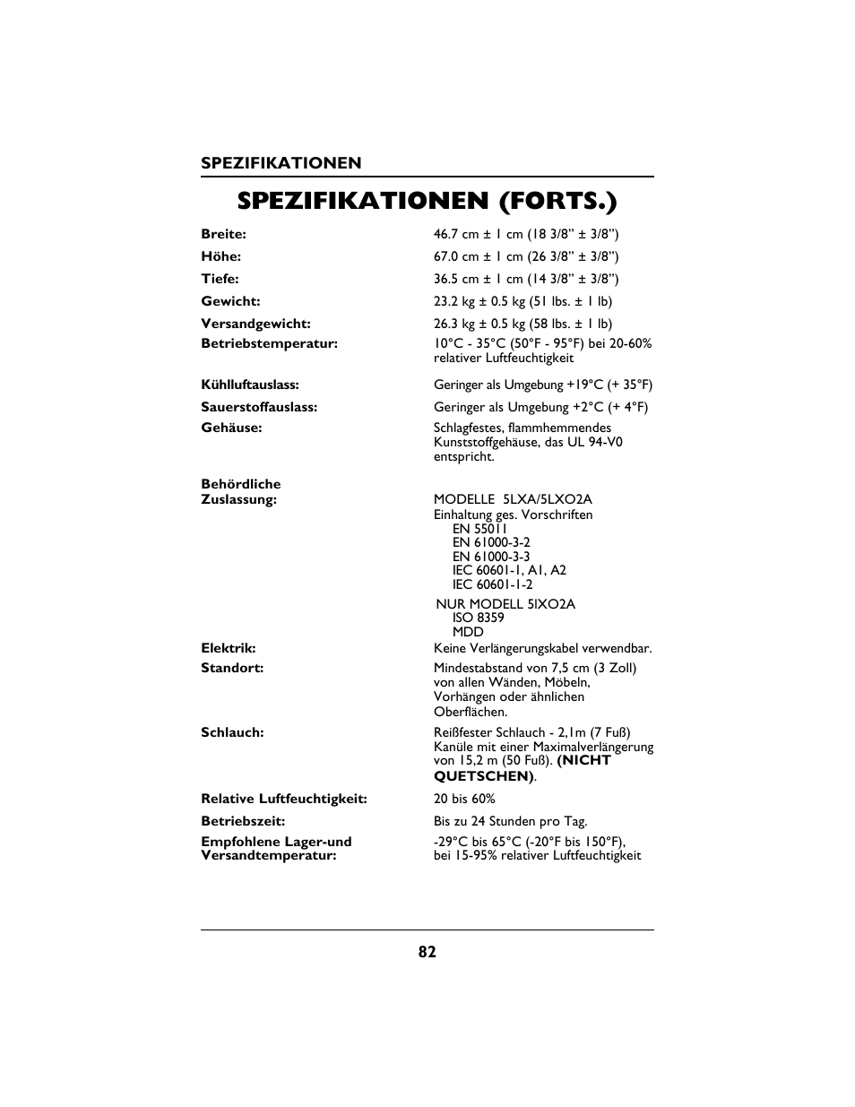 Spezifikationen (forts.) | Invacare PLATINUM 5 User Manual | Page 82 / 148