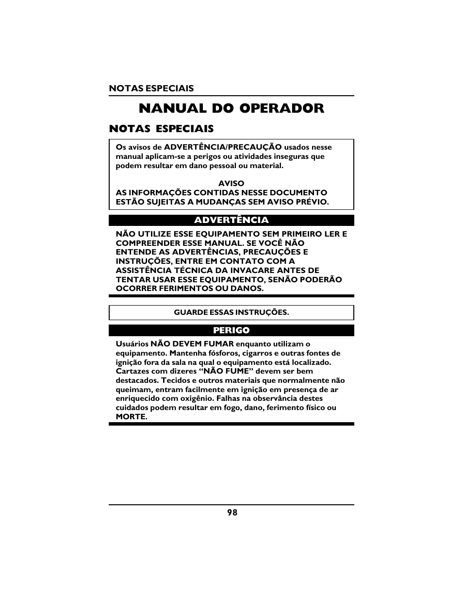 Nanual do operador, Notas especiais | Invacare PLATINUM 5 User Manual | Page 98 / 148