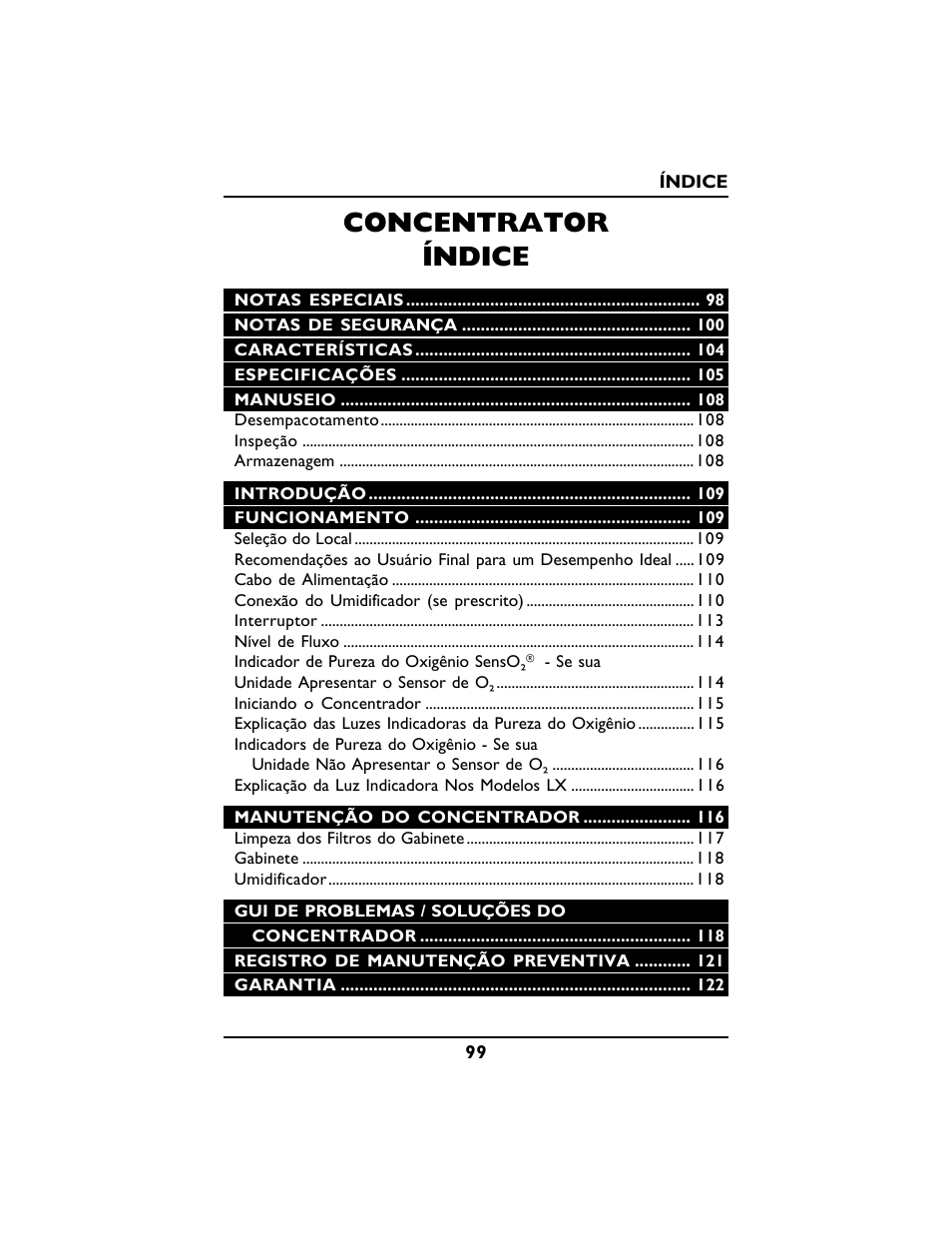 Concentrator índice | Invacare PLATINUM 5 User Manual | Page 99 / 148