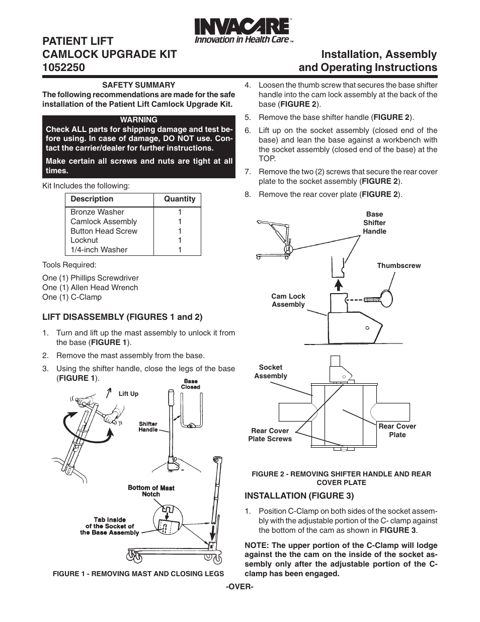 Invacare Camlock Upgrade Kit 1052250 User Manual | 2 pages