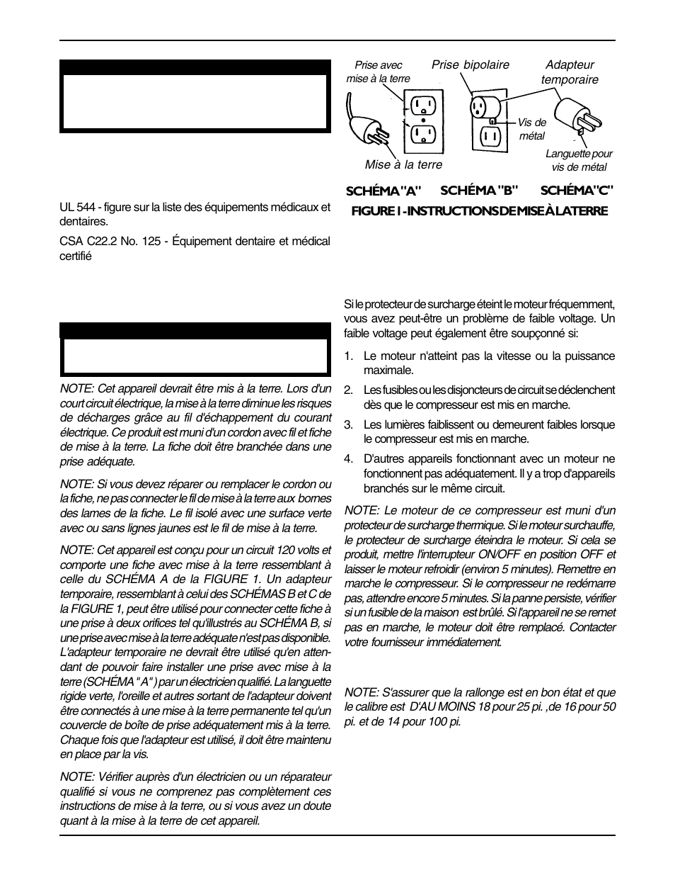 Classement de contrôle conformément à, Électricité, Instructions de mise à la terre (figure 1) | Invacare 50 psi Compressor IRC607 User Manual | Page 10 / 12