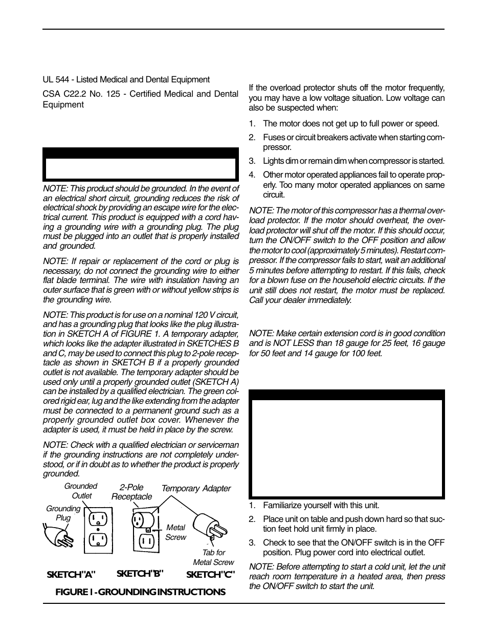 Regulatory listing in compliance with, Electrical, Operation (figure 2) | Grounding instructions (figure 1) | Invacare 50 psi Compressor IRC607 User Manual | Page 2 / 12