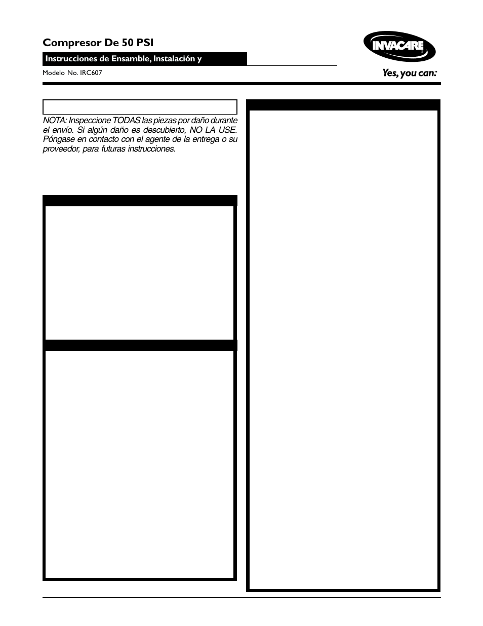 Sumario de precauciones, Guarde estas instrucciones compresor de 50 psi | Invacare 50 psi Compressor IRC607 User Manual | Page 5 / 12