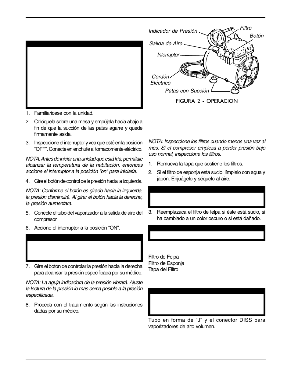 Limpiando/reemplazando los filtros (figura 2), Partes de repuesto, Accesorios | Operacion (figura 2) | Invacare 50 psi Compressor IRC607 User Manual | Page 7 / 12