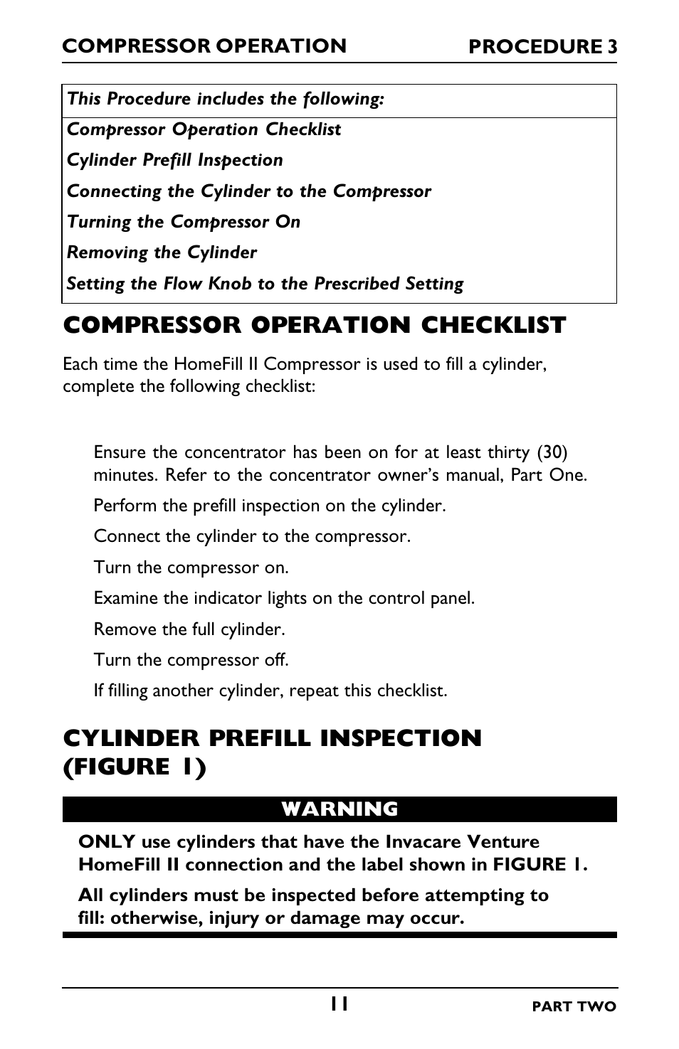 Compressor operation checklist, Cylinder prefill inspection (figure 1) | Invacare IRC5LXO2 User Manual | Page 59 / 92