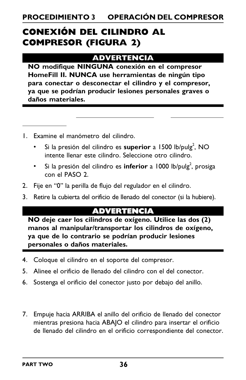 Conexión del cilindro al compresor (figura 2) | Invacare IRC5LXO2 User Manual | Page 84 / 92