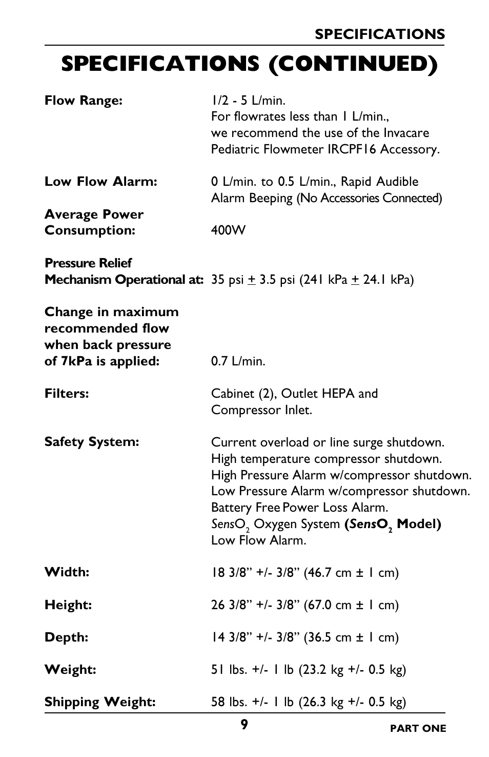Specifications (continued) | Invacare IRC5LXO2 User Manual | Page 9 / 92
